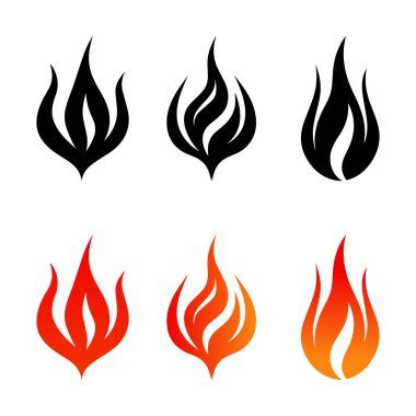 Alev ikonları dizildi. Düz ve kabartma biçiminde vektör illüstrasyonu