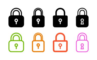 Beyaz arkaplanda kilit simgesi ayarlandı. Düz moda vektör illüstrasyonuName