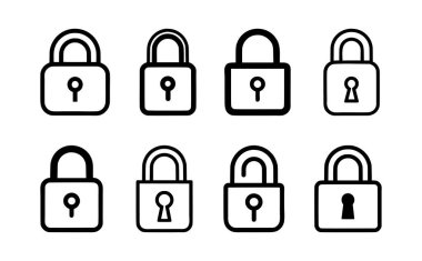 Kilit simgesi ayarlandı. Beyaz arkaplandaki kılavuz kilidi simgesi. Vektör illüstrasyonu