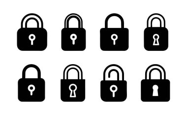 Kilit simgesi ayarlandı. Siyah kilit simgesi beyaz arkaplanda. Vektör illüstrasyonu