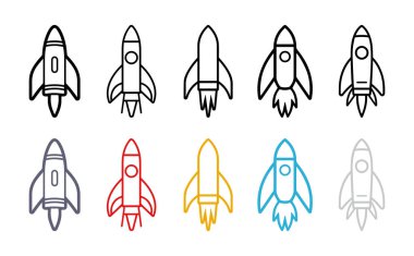Bir dizi Roket ikonu. Düz biçimli vektör illüstrasyonu