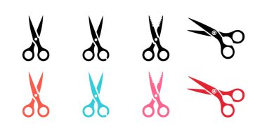 Makas simgeleri seti. Düz biçimli vektör illüstrasyonu