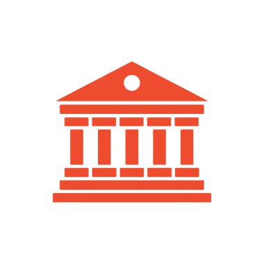 Bu minimalist simge, çok yönlü uygulamalar için temiz beyaz bir zemin karşısında güven ve istikrarı sembolize eden koyu turuncu çizgileri olan simetrik bir hükümet binası sergiliyor..