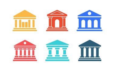 Bu resim, her biri farklı mimari tarzlara sahip altı banka binası simgesini sergiliyor ve beyaz arkaplan üzerinde sarı, kırmızı, mavi ve cyan gibi farklı renklerde sunuluyor..