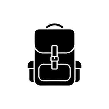 Kamp çantasının minimalist siyah siluetini gösteriyor. Kemer tokası, dikdörtgen ana bölmesi ve uygun yan cepleri olan üst kapağı vurgular. Beyaz arkaplan.