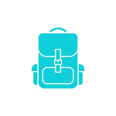 Minimalist bir turkuaz tasarım, maceraları ve seyahat şehvetini sembolize eden, temiz beyaz bir arkaplan karşısında bir seyahat çantası simgesi sergiliyor..