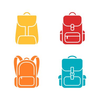 Açık sarı, kırmızı, turuncu ve mavi renkli dört sırt çantası simgesinin yer aldığı basit bir grafik. Sırt çantaları temiz, minimalist beyaz bir arkaplanda sergileniyor..
