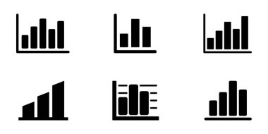 Altı farklı siyah çubuk grafik simgesi temiz beyaz bir arkaplan üzerinde farklı büyüme ve azalma örüntüleri gösterir, raporlar ve sunumlar için idealdir.