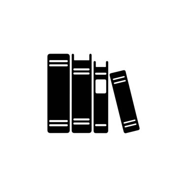 Beyaz arkaplandaki basit, izole edilmiş siyah siluet çizimi, arka arkaya dizilmiş dört kitap tasvir ediyor, bir kitap sağa eğiliyor, biraz dengesiz..
