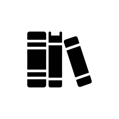 Görüntü üç kitaptan oluşan bir vektör çizimi sunuyor, ikisi ayakta duruyor ve biri hafifçe eğiliyor. Kitaplar, beyaz bir arkaplana karşı koyu siyah olarak tasvir edilmiştir..