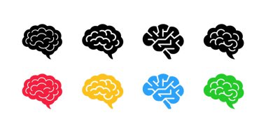 Sekiz beyin simgesi, farklı renk ve stillere sahip, yenilik, yaratıcılık ve zeka temalarını temsil eden bu vektör görüntüsünde beyaz bir zemin üzerine kurulmuştur..