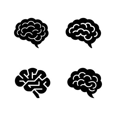 Beyaz arkaplandaki siyah siluet simgeleri fikir ve zekayı temsil eden insan beyninin şeklini gösteriyor. Tasarımda simgelerin özellikleri.