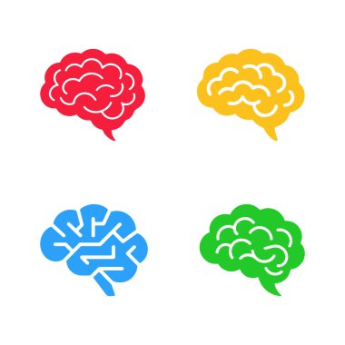 Beyaz arka planda dört renkli beyin simgesi. Beyinde kırmızı, sarı, mavi ve yeşil renkler sergileniyor. Yaratıcı düşünme için vektör grafiği.