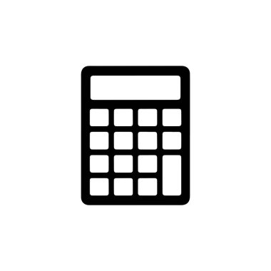 Beyaz arkaplanda izole edilmiş basit bir siyah hesap makinesi simgesi. Bu, temel matematik fonksiyonları düzeni ile standart bir hesap makinesini betimler.
