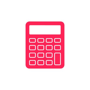 Beyaz ekran ve düğme hatlarına sahip kırmızı hesap makinesi simgesi beyaz bir arkaplan üzerine kuruludur. Muhasebe için finansal aracın vektör illüstrasyonu.