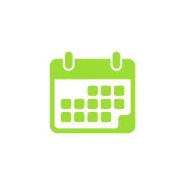 Kare tarihlere sahip yeşil takvim simgesi ve program yönetimini temsil eden beyaz arkaplan, atama hatırlatıcıları ve dizayn ve simgeler için uygun olay planlama.