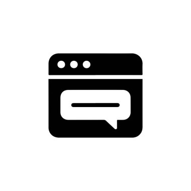 Beyaz arka planda gösterilen, içinde bir konuşma balonu bulunan siyah beyaz mesaj penceresi simgesi. Arayüz veya dijital iletişim için basit, modern tasarım.