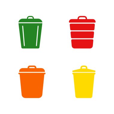 Beyaz arka planda dört renkli çöp kutusu, kırmızı, turuncu, sarı ve yeşil gibi farklı renkli atık kutularını gösteren vektör illüstrasyonu.