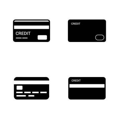 Farklı tasarım unsurlarına sahip dört adet stilize siyah kart simgesi beyaz bir arkaplanda sergilenmekte ve temiz, minimalist bir illüstrasyon sunulmaktadır..