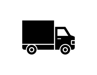 Siyah dağıtım kamyonu simgesi beyaz arka planda, düz vektör çizimi, dağıtım hizmetleri, ulaşım ve lojistik tasarım materyalleri için ideal.