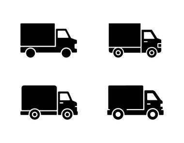Farklı stillerde dört siyah kamyon ikonu beyaz bir arkaplanda sıralanmıştır, her biri araçta biraz farklı bir stil göstermektedir..