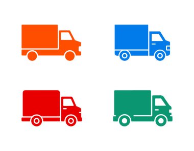 Beyaz arka planda izole edilmiş dört renkli kamyon ikonu. Basit, cesur kamyon çizimleri turuncu, mavi, kırmızı ve yeşil, yan yana, ulaşım ihtiyaçları için..