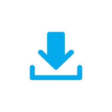 Aşağıya bakan, veri transferini sembolize eden ve dosya indirme işlevini simgeleyen bir ok tasvir eden mavi indirme simgesi. Beyaz arkaplan vektör grafiğinde izole edildi.