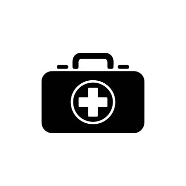 Sağlık, ilk yardım ve tıbbi projeler ve tasarımlar için beyaz arka plan vektör illüstrasyonunda beyaz haçlı siyah tıbbi çanta simgesi.