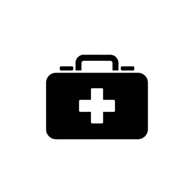Siyah tıbbi evrak çantası ikonu temiz beyaz arka plan vektör çizimine izole edildi. Sağlık hizmetlerini, acil servisleri ve ilk yardım ihtiyaçlarını sembolize eder.