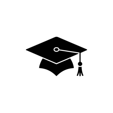 Beyaz arka planda tassel resimli siyah mezuniyet şapkası akademik başarıyı, bilgiyi, başarıyı ve eğitim hedeflerini sembolize ediyor. Mezuniyet kilometre taşlarını kutluyor.