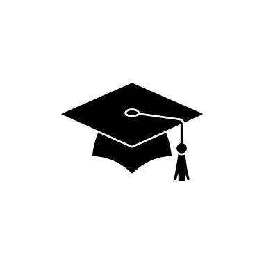 Başarı sembolü olarak beyaz zemin üzerinde püskül simgesi olan siyah mezuniyet şapkası. Bir vektör tasarımında eğitim, akademi ve mezuniyet başarısını simgeler..