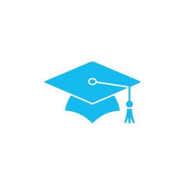 Beyaz arka planda püsküllü açık mavi mezuniyet şapkası, eğitimi, akademik başarıyı ve öğrenim ve mezuniyet törenlerinin sembolünü temsil ediyor..