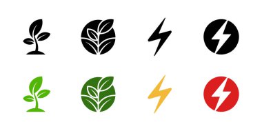 Siyah ve yeşil ağaç ve yıldırım simgeleri, ekoloji ve enerjiyi temsil eden beyaz bir zemin üzerinde düzenlenmiş basit bir şekilde sergilenir..