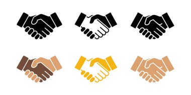 Resimlerde, birlik ve işbirliğini sembolize eden beyaz bir arkaplan karşısında çeşitli renklerde - siyah, kahverengi, bronz ve sarı - el sıkışma simgeleri sergileniyor.