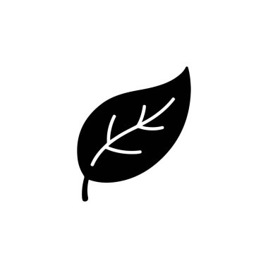 Beyaz arkaplan biçimlendirilmiş yaprak simgesi minimalist tasarımı üzerine siyah yaprak çizimi. Ekolojik projeler ve doğanın sembolü için basit botanik tasarımı.