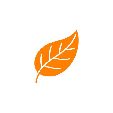 Basit bir yaprak dizaynını gösteren beyaz bir arkaplanda tek portakal yaprağı çizimi. Yaprak katı turuncudur ve ayrıntılı beyaz damarlara sahiptir..