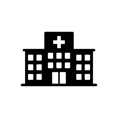 Üzerinde beyaz haç olan siyah hastane ikonu. Binanın dikdörtgen pencereleri var. Tıbbi, sağlık ve acil servis kavramları için beyaz arka planda izole edilmiş.