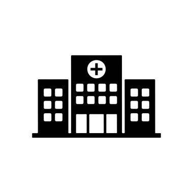 Hastane binasının siluetinde çapraz sembol var. Üç bitişik bina, çeşitli boyutlarda, beyaz pencereli, beyaz arka planda. Minimalist vektör sanatı.