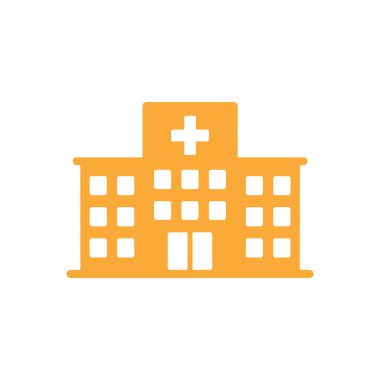 Çatısında çapraz sembol bulunan turuncu bir hastane binası simgesi, çok yönlü kullanım için temiz ve pürüzsüz beyaz bir arkaplanda izole edilmiş..