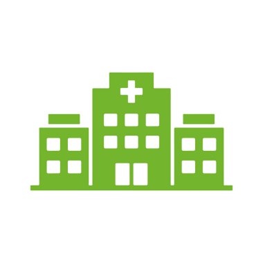 Tepesinde haç olan yeşil hastane binası ikonu, beyaz arka planda. İllüstrasyon bir sağlık tesisi ve sağlık tasarım unsurunu temsil ediyor..