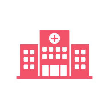 Beyaz arka planda üst merkezde çapraz sembollü basit bir kırmızı hastane binası ikonunun vektör grafiği, tıbbi kavramlar için uygun..