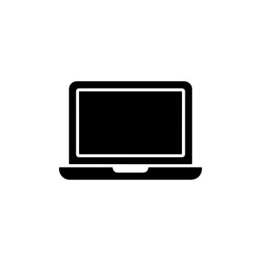 Laptop simgesi, ekranı açık bir bilgisayarın basit siyah vektör çizimi, ve klavye beyaz bir arkaplanda görünür..