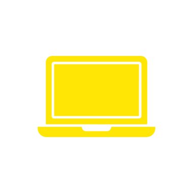 Beyaz arka planda sarı dizüstü bilgisayar simgesi, teknolojiyi, iletişimi ve dijital arayüzler için uygun bir minimalist tasarım tarzını temsil ediyor. Bağlantı ve bilgi erişimini sembolize eder..