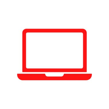 Beyaz arkaplan, taşıma teknolojisi, bilgisayar kullanımı ve çeşitli uygulamalar için uygun modern, temiz bir tasarım üzerine basit, minimalist, kırmızı bir dizüstü bilgisayar simgesi.