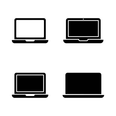 Dört siyah dizüstü bilgisayar simgesi, beyaz bir arka plan karşısında farklı bakış açıları ve stilleri sergiliyor. Bu vektör grafikleri izole edilmiş.