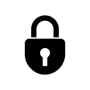 Güvenlik ve koruma kavramını temsil eden, dijital güvenlik, kişisel güvenlik ve gizlilik temaları için uygulanabilir, beyaz zemin üzerindeki siyah siluet asma kilit simgesi.