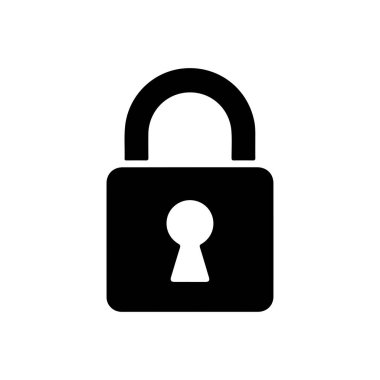 Güvenlik kavramları için beyaz arkaplanda izole edilmiş anahtar deliğine sahip siyah asma kilit simgesi, basit vektör biçiminde güvenlik, koruma ve erişim kontrolünü temsil eder.