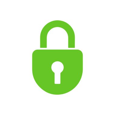 Beyaz arkaplanda izole edilmiş yeşil asma kilit simgesi, güvenlik, güvenlik ve koruma, minimalist ve temiz tasarım gösteren basit düz vektör illüstrasyon sembolü.