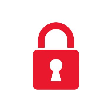 Güvenlik ve koruma kavramlarını temsil etmek için ideal, temiz beyaz bir arkaplan karşısında gösterilen klasik bir anahtar deliği tasarımı içeren kırmızı asma kilit simgesi.