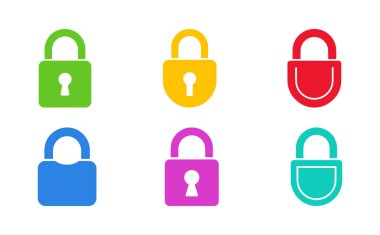Beyaz arkaplan vektör illüstrasyonunda izole edilmiş altı renkli asma kilit simgesi koleksiyonu. Asma kilitler yeşil, sarı, kırmızı, mavi, mor ve açık mavi renkte..